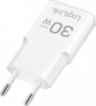 LogiLink USB Wall Charger, GaN, 2port, USB-AF & USB-CF, PD 30W, slim, white