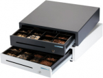 Metapace K-1, 12V, white - cash drawer, front opening, dimensions (WxHxD): 410x114x415mm, insert: 6 note compartments, 8 coin compartments, 1 receipt compartment, direct printer connection, RJ12, 12 V, colour: white