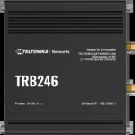 Teltonika TRB246 4G LTE gateway, with multiple WAN interfaces, such as I/Os, RS232, RS485, and an Ethernet port, additionally boasting dual SIM