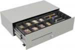 apg Solutions APG &raquo;CashPlus&laquo; Micro, anthracite - cash drawer, front opening, 453x130x224mm, 4 note compartments, 8 coin compartments, 1 receipt compartment, 3-pos. lock, different locking, 75 series, 24V, colour: anthracite