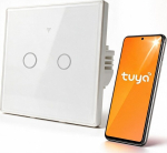 Qoltec 52716 Smart Touch 2-Gang Light Switch | Wi-Fi | Timer | Tuya | Smart Life | Tempered Glass | White