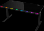 LORGAR Dual-motor sit/stand adjustable-height gaming desk with wireless charger, RGB lighting, control panel, and USB ports, solid tempered glass tabletop, black