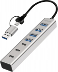 LogiLink USB 3.0 Hub, 4x USB-A, 5 Gbit/s, 2-in-1 Anschlusskabel, Silber, USB 3.2 Gen 1 (3.1 Gen 1) Type-A + Type-C, USB 3.2 Gen 1 (3.1 Gen 1) Type-A, USB 3.2 Gen 1 (3.1 Gen 1) Type-C, 5000 Mbit/s, Grau, Aluminium, 0.15 m