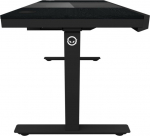LORGAR Dual-motor sit/stand adjustable-height gaming desk with built-in PC case, wireless charger, RGB lighting, control panel, and USB ports, PB melamine surface tabletop, black