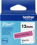 Kleepkirjalint Brother BTAG-P31 roosa, must tekst, laius 12mm mudelitele PT-N10, N20, N25