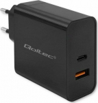 Qoltec 52380 Super Quick PD Charger | 1xUSB-C | 1xUSB | 65W | 5-20V | 1.5-3.25A | Black