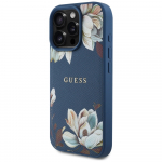 GUESS Etui Grained trkitud lillemustriga MagSafe do iPhone 16 Pro niebieski