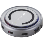 CANYON Mitmeportiline dokkimisjaam 5 pordiga, juhtmeta laadijaga 10W, 2*Type C+1*HDMI+1*VGA+1*USB3.0+1*USB2.0. Sisend 100-240V, vljund USB-C PD100W AND USB-A 5V/1A, kaabli pikkus type c-c 0.3m+micro USB 0.6m, ruumihall, 104*104*28mm, 0.203kg