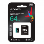 Adata AUSDX64GUI3V30SA2-RA1 Premier Pro 64GB UHS1 U3 V30 A2 microSD Memory Card + Adapter