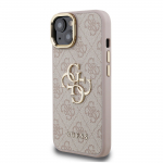GUESS PU 4G Metallist Logo Alus Kaameraraam Kate iPhone'i 15 jaoks / Roosa
