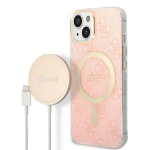 GUESS Zestaw GUBPP14MH4EACSP mbris+ laadija iPhone 14 Plus / 15 Plus 6.7" rowy / roosa kva mbris 4G Print MagSafe