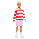 Barbie Ken Doll #241 punase striibitud ja roosakasu kortsutega valget jalasrmeid, blondi juustega