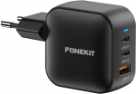 FoneKit GaN PD 70W AC-laadija, USB-C + USB-C + USB-A, must