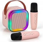 Extralink Laste Mini Karaoke LED klar 2x Mikrofoni Roosa | Karaoke Komplekt | klar, 2x mikrofon, Bluetooth, AUX, SD-kaardi pesa, RGB valgustus