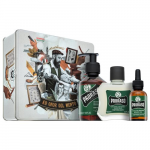 Proraso kinkkikomplekt, mis koosneb vrskendavast metallist, on meldud karpi habeme hoolduseks. Paketis on 200 ml + 100 ml + 30 ml