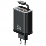 USAMS Xiang seeria CC296 30W 1xUSB-C 1xUSB-A vrgulaadija + USB-C kaabel must