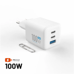 Fixed GaN Network Charger Mini 2x USB-C ja USB vljundiga, PD tugiga, 100 W, valge | FIXCG100M-2C1A-WH