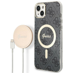 GUESS Zestaw GUBPP14SH4EACSK Case+ Laadija iPhone 14 / 15 / 13 6,1" tarny/must kva korpus 4G Print MagSafe