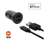 Fixed Duppel USB autolaadija 15W + USB/Lightning kaabel, must