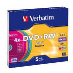 Verbatim Coloured DVD+RW 4X Write On Slim Case Pack of 5