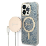 GUESS Zestaw GUBPP14LH4EACSB mbris+ laadija iPhone 14 Pro 6,1" niebieski/sinine kva mbris 4G Print MagSafe