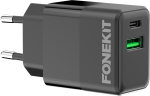 FoneKit Double 20 W pikalaturi, USB-C + USB-A, must (PD-054C 20W)