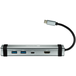 CANYON Mitmeportiline dokkimisjaam 4 pordiga: 1*Type C isane+1*Type C emane+2*USB3.0+1*HDMI, Sisend 100-240V, Vljund USB-C PD 5-20V/3A AND USB-A 5V/1A, kaabel 0,12m, Ruumi hall, 150,8*33,7*24mm, 0,112kg