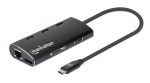 Manhattan USB-C dokk/keskus kaardiloogendusega, pordid (x6): Ethernet, HDMI, USB-A (x3) ja USB-C, toitejaotusega (100W) USB-C pordile (thelepanu, USB-C seinlaadija ja USB-C kaabel on eraldi tarvis), DKT30CSDHPD3 ekvivalent, alumiinium, must, 3 aasta  ...