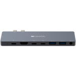 CANYON Mitmeportiline dokkimisjaam 8 pordiga, 1*Type C PD100W+2*Type C andmed+2*HDMI+2*USB3.0+1*Audio. Sisend 100-240V, vljund USB-C PD100W AND USB-A 5V/1A, alumiiniumisulam, ruumihall, 135*48*10mm, 0,056kg