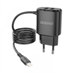 Dudao EU pistiku laadija koos 2x USB-ga ja integreeritud 12W Lightning-kaabliga, 1m, must
