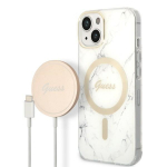 GUESS Zestaw GUBPP14SHMEACSH Case+ Laadija iPhone 14 / 15 / 13 6,1" biay/valge kva korpus Marble MagSafe