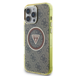 GUESS mbris iPhone 16 Pro Max jaoks, hildub MagSafe'iga GUHMP16XHG4PRTGW (IML Metal Glitter 4G Circle Triangle) pruun