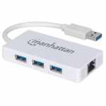 Manhattan USB-A 3-port tahvel Gigabit Ethernet-adapteriga, 3x USB-A porti, 5 Gbps (USB 3.2 Gen1, tuntud ka USB 3.0), 1x Ethernet 10/100/1000 Mbps vrguliides, vastav ST3300GU3B mudelile, RJ45, SuperSpeed USB, valge, kolmeaastane garantii, blisterpakend