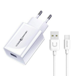 USAMS Vrgutasu. 1xUSB T22 18W 3A QC3.0 + USB-C kaabel 1m valge/valge (T48) T48OCLN01