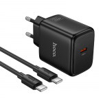 Telefonilaadija GaN, Hoco USB C PD AVS 40W max 60W koos USB C USB C kaabliga N83, must