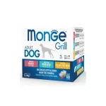 Monge Koerte Grill Pouches-i multipack: kana ja kalks, lahvan, tursk 12 100 g saegade mitmekihiline pakend kanaga, kalksiga, lahvan ja tursaga tidetud mrgtoru, tiskasvanutele koertele.