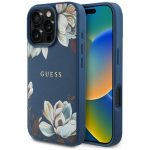 GUESS mbris iPhone 16 Pro Max jaoks, hildub MagSafe'iga GUHMP16XPGNMPLMB (PU Grained Flowers Classic Logo) sinine