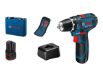Cordless screwdriver BOSCH Professional GSR 12V-15, 2 batteries 12V, 2.0 Ah, set of 10 accessories,