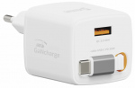 Swissten SlideCHARGE 30W GaN laadija, USB-A 18W, sisseehtne retraktiivne 0,75m USB-C kaabel, valge