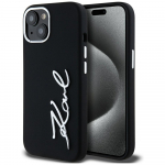 Karl Lagerfeld Silikoonist metallist skripti logo mbris iPhone 15-le must
