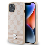 DKNY DKHCP15SPCPTSSP iPhone 15 / 14 / 13 6.1" rowy / roosa kvakaaneline nahast ruuduline mono muster ja trkitud triibud