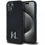 KARL LAGERFELD kaitsembrise IPHONE 15 jaoks, hildub MagSafe'iga KLHMP15SSCMKMPCK (Silikoonist algthe metalllogo), must