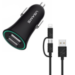 USAMS Laadimisjaam, 2xUSB 2,1A, trompet-vormne microUSB/lightning, must CCUSB01