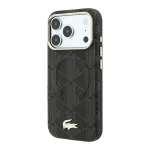 Lacoste PVC poolse wrapiga segu, reljeefiga MagSafe-kinnitusel korpus iPhone 18 Pro Max telefonile, pruun