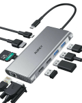 AUKEY Hub USB-C CB-C89 Alumiinium | 10w1 | RJ45 Ethernet 10/100/1000 Mbps | 4xUSB | HDMI 4k@30Hz | SD ja microSD | USB-C toitejaotus 100W