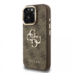 GUESS PU 4G Metallist Logo Alus Kaameraraam Kate iPhone'i 15 Pro Max jaoks / Pruun