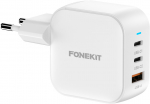 FoneKit GaN PD 70W vahelduvvoolu laadija, USB-C + USB-C + USB-A, valge