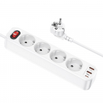 Vooluadapter 1,8 m Hoco 4 pistikupesaga + 2 x USB A + USB C QC3.0 PD 3A 20W NS1 valge