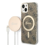 GUESS Zestaw GUBPP14SH4EACSW mbris+ laadija iPhone 14 / 15 / 13 6,1" brzowy/pruun kva mbris 4G Print MagSafe