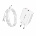 Wozinsky WLS-20W 20W USB-A USB-C Seinapandik laadija koos 1m USB-C - USB-C kaabliga - Valge